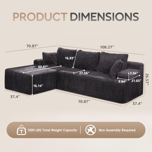 Boneless Couch Modular Sectional Oversized Chaise for Living Room | 108" Left Facing Chaise Darkgrey,Memory Foam,Removable Cover,No Assemble,Chaise Lounge Indoor,Living Room Furniture