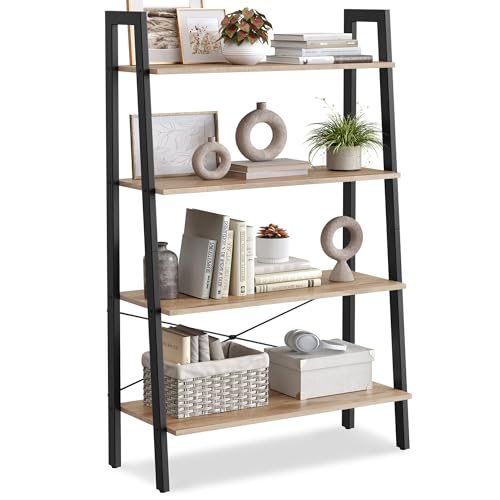 VASAGLE BARNET Collection - Ladder Shelf, Bookshelf, Storage Rack, Modern Bookcase for Living Room Home Office Kitchen, Steel Frame, 4-Tier, 31.5-Inch Wide, Camel Brown and Ink Black ULLS144B50