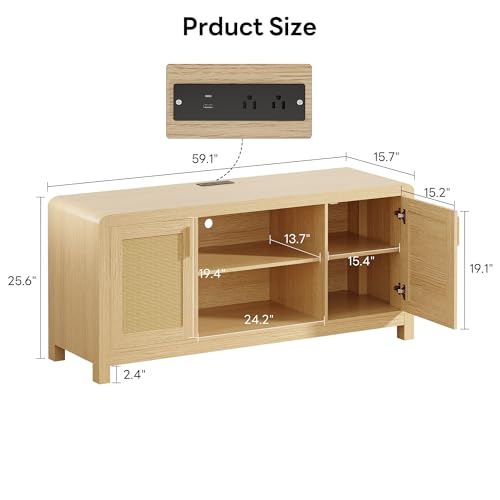 TV Stand with Power Outlet for TVs up to 65", Entertainment Center with Rattan Doors Storage & Adjustable Shelves, Cord Holes, Modern Media Console for Living Room, Natural