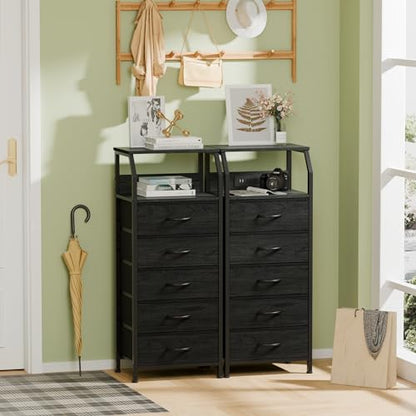 5 Drawers Dresser with Charging Station, Fabric Chest of Drawers with Open Shelf, Tall Night Stand, Bedside Table for Closet, Entryway, Bedroom Furniture, 3 Ways to Use, Black Oak