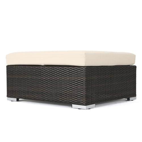 Outdoor Wicker Ottoman with Cushion for Stylish Patio Furniture, Versatile Garden Footrest or Extra Seating, Comfortable and Durable, Beige