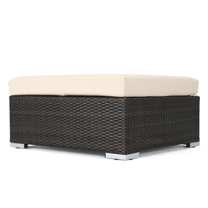 Outdoor Wicker Ottoman with Cushion for Stylish Patio Furniture, Versatile Garden Footrest or Extra Seating, Comfortable and Durable, Beige