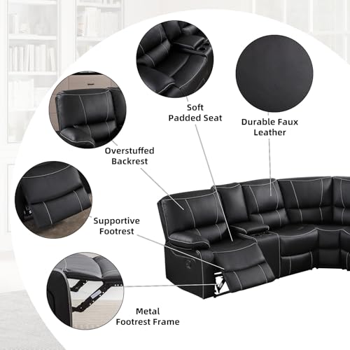 Manual Reclining Sectional Sofa Set for Living Room, Soft Fabric Recliner Corner Sectional Couch with Center Console, Cup Holders and Storage (Black, Sofa)
