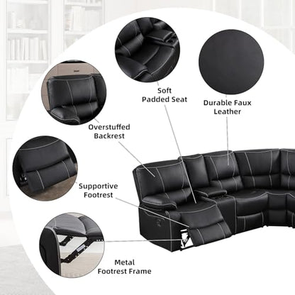 Manual Reclining Sectional Sofa Set for Living Room, Soft Fabric Recliner Corner Sectional Couch with Center Console, Cup Holders and Storage (Black, Sofa)