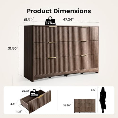 Amada Modern 6 Drawer Dresser, Fluted Wood Chest of Drawers, Walnut, view 3