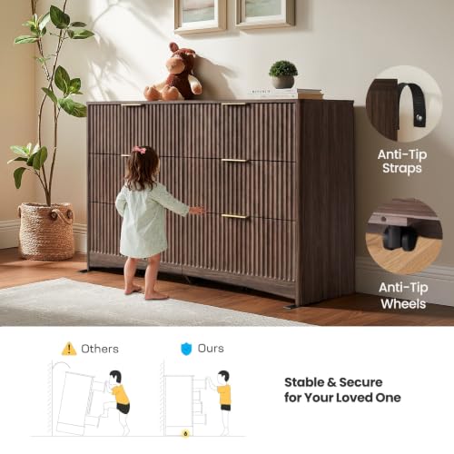 Amada Modern 6 Drawer Dresser, Fluted Wood Chest of Drawers, Walnut, view 7