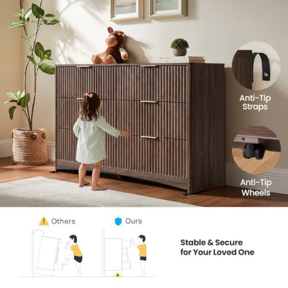 Amada Modern 6 Drawer Dresser, Fluted Wood Chest of Drawers, Walnut, view 7