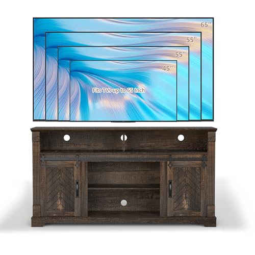 Farmhouse TV Stand for 65+ Inch TV, 31" Tall Entertainment Center with Adjustable Shelf, Rustic Media Console with Sliding Barn Door, Wood Television Stand for Living Room, Dark Rustic Oak