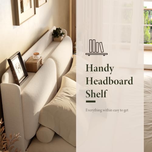 Queen Upholstered Bed Frame with Shelf & Drawers- Beige, view 5