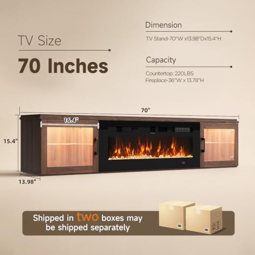 70" Floating TV Stand with Fireplace, Brown, view 3