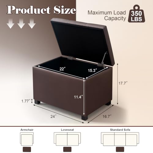 24" Leather Storage Ottoman Bench, Rectangle Foot Rest Stool for Living Room, Bedroom, Entryway, Brown