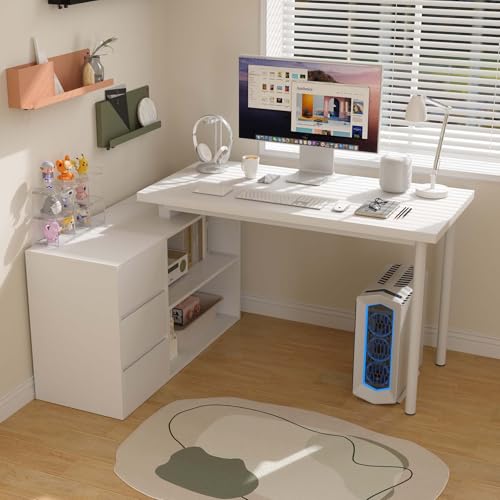 L Shaped Computer Desk, 47 Inch Home Office Desk with File Drawers & Storage Shelves, Small Corner Computer Desk for Small Space (White)