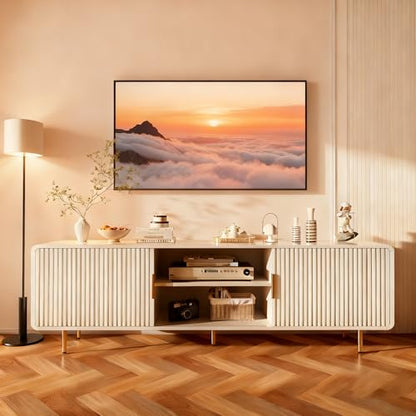 TV Stand for 65 Inch TV, Fluted TV Stand with Curved Profile Design, White Modern Entertainment Center TV Console Table with Sliding Doors & Adjustable Shelves, TV Stand for Living Room Bedroom, White