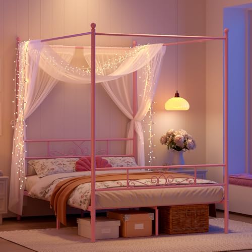 Full Metal Canopy Platform Bed Frame with Headboard, Pink, view 8