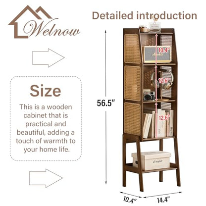 Bamboo Rattan Bookcase with Cabinet, 3-Tier Storage Shelf with Side Table & End Table Function, Large Modern Wood Organizer for Living Room or Bedroom, Walnut Bookshelf