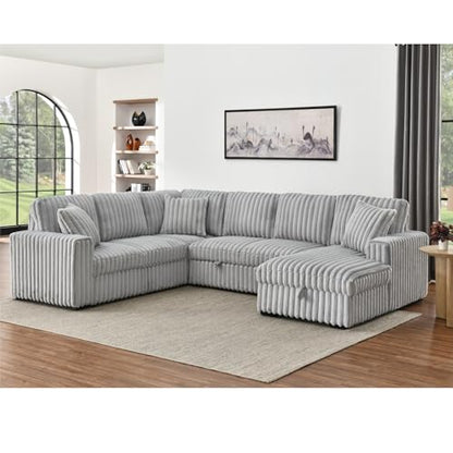 122-Inch Oversized U Shaped Plush Corduroy Fluffy Sectional Sleeper Sofa with Pull Out Bed, Storage Chaise Lounge and USB Charging Port - Gray