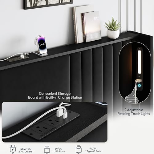 55" Tall King Size Platform Bed Frame with 2 Reading Lights, Black, view 4