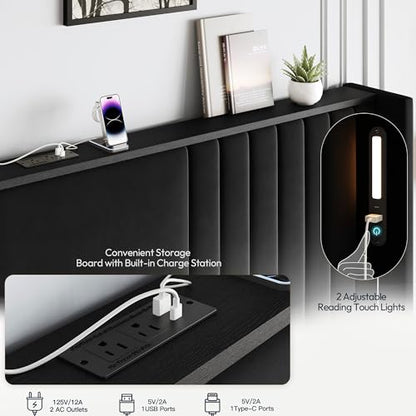 55" Tall King Size Platform Bed Frame with 2 Reading Lights, Black, view 4