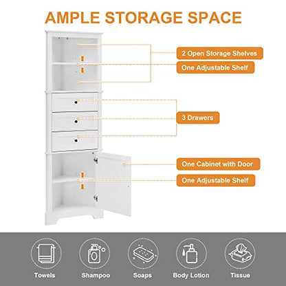 69 Inch Tall Corner Storage Cabinet with Adjustable Shelves, White | White MDF, bathroom kitchen or living room, adjustable shelves, open shelf, enclosed cabinet, triangle compartments, 23 in W