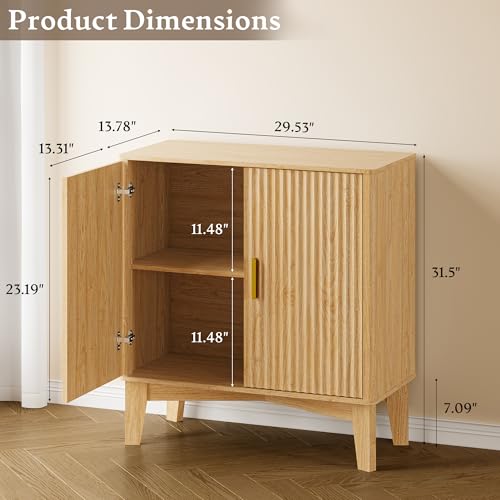 Storage Cabinet with Doors and Adjustable Shelf, Modern Fluted Sideboard Buffet Cabinet, Freestanding Coffee Bar for Kitchen, Pantry, Entryway, Living Room (Natural Oak)