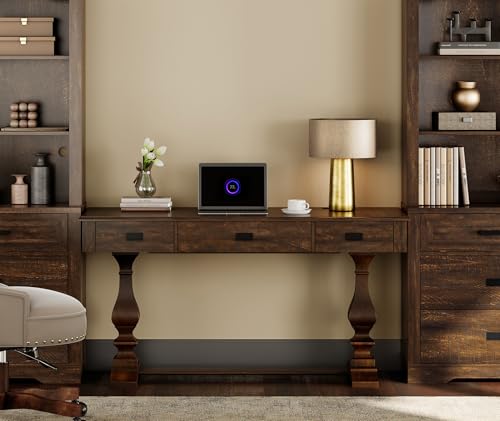 60-inch Vintage Wood Home Office Desk, Dark Walnut Brown