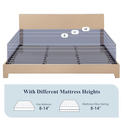 King Size Upholstered Bed Frame Adjustable Headboard, Beige, view 8