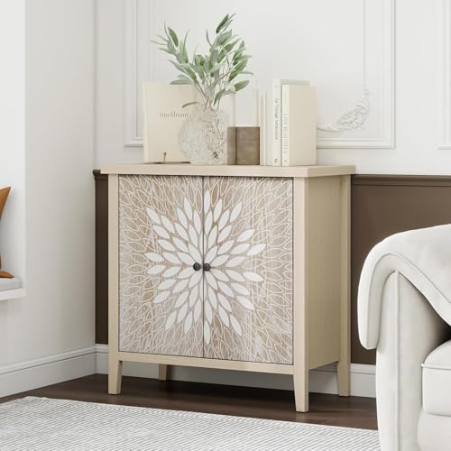 31" Modern Accent Cabinet with Storage, Storage Cabinet with 2 Carved Pattern Doors and Adjustable Shelf, Decorative Sideboard for Living Room, Entryway, Dining Room, Natural