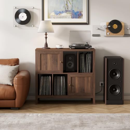 Modern Record Player Stand, Vinyl Record Storage Cabinet, Brown, view 4