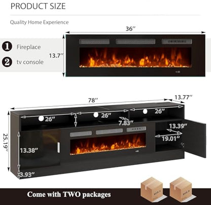 78" Fireplace TV Stand with Power Outlet for TVs UP to 90", Electric Fireplace Entertainment Center with LED Lights & Storage Cabinets, TV Console for Living Room, Office, Black-Black