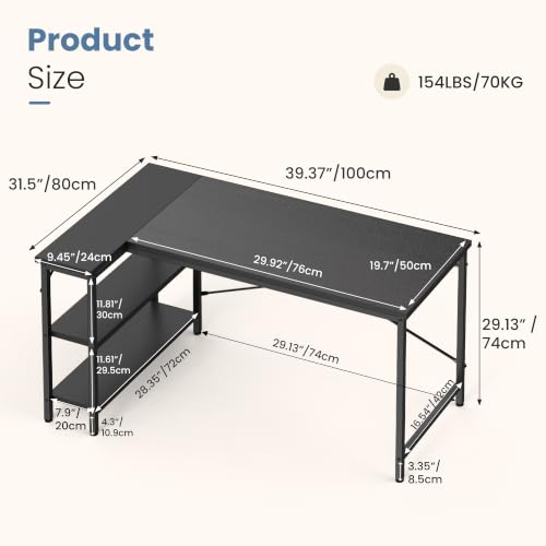 39" L Shaped Computer Desk, Corner Desks with Storage Shelves, Black, view 4