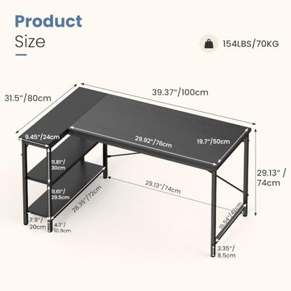 39" L Shaped Computer Desk, Corner Desks with Storage Shelves, Black, view 4