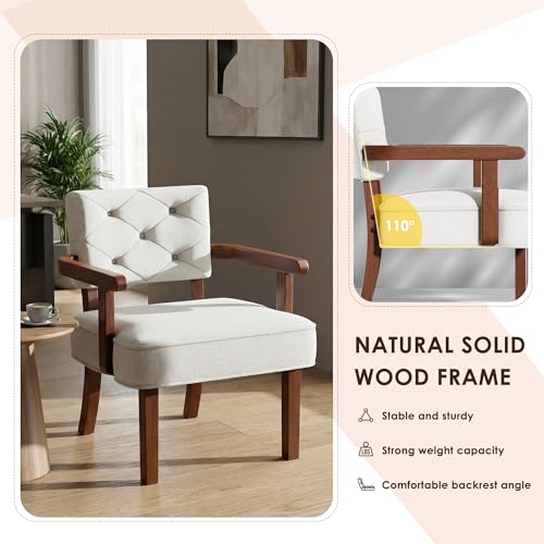 Modern Accent Chairs Set of 2,Butacas para Sala,Mid Century Small Arm Chair,Upholstered Wooden Chairs with Arm Rest,Tufted Backrest,Cushion, for Office,Waiting/Reading/Living Room, Beige