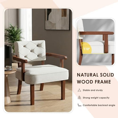 Modern Accent Chairs Set of 2,Butacas para Sala,Mid Century Small Arm Chair,Upholstered Wooden Chairs with Arm Rest,Tufted Backrest,Cushion, for Office,Waiting/Reading/Living Room, Beige