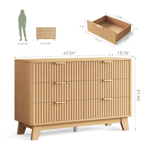 Fluted 6 Drawer Dresser for Bedroom, Modern Chest of Drawers with Metal Handle, view 3
