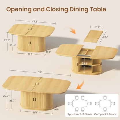 47.2"-63" Extendable Dining Table with Storage Cabinet, Fluted Wood Kitchen Table Seats 4-8, Modern Farmhouse Expandable Dining Room Table for Small Space, Apartment, Home Dining, Oak