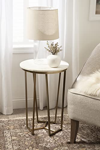 Solvay Round Metal and Marble Side Table; 16 x 16 x 24; White Marble and Antique Brass; Modern Glam Bedroom Nightstand Table with Premium Natural Marble Stone and Iron Base