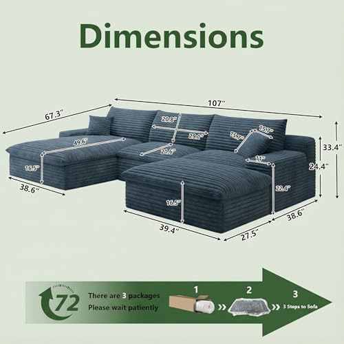 107" Cloud Couch Modular Sectional Sofa for Living Room, U-Shape Boneless Couch with Deep Seat, Modern Corduroy 3-Seater with Ottoman, No Assembly Required (Blue,Left-Facing Chaise)
