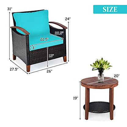 3 Pieces Patio Furniture Set, Outdoor Rattan Sofa and Side Table w/Solid Acacia Wood Frame, High Load Bearing Conversation Bistro Set w/Washable and Removable Cushions (Turquoise)