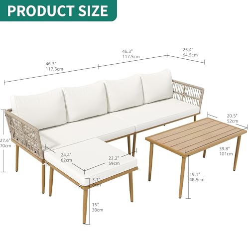 Patio Furniture Set, 6 Pieces Outdoor Rattan Woven Sectional Sofa Patio Loveseat with Ottoman and and Side Table, Conversation Set for Backyard, Porch, Boho - Beige