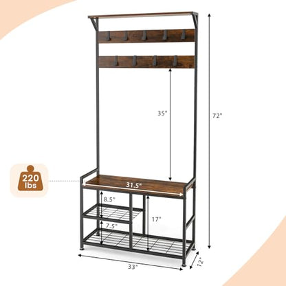 Coat Rack Shoe Bench, 3-in-1 Industrial Hall Tree w/Storage Bench & 9 Hanging Hooks, 3-Tier Wood Look Entryway Bench w/Metal Frame, Adjustable Foot Pads for Dorm, Apartment, Hall, Brown