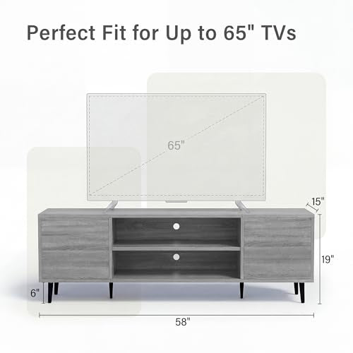 58 Inch Mid-Century Modern TV Stand with Storage, Gray, view 3