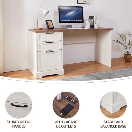 60"L-Shaped Executive Desk with 40"Adjustable File Cabinet,Farmhouse Home Office Desk with Charging Station,Office Desk with Storage Drawers,Wood Computer Desk Set for Office Work,Home Study