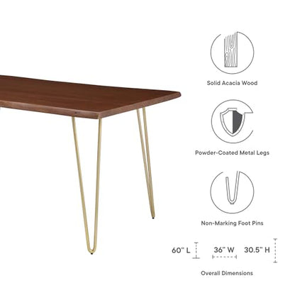 Henley Dining Table 60 Inch Live Edge Acacia Wood Gold Walnut Finish Modern Kitchen Room Entertaining Home Furniture Quality Stylish Elegant Durable Refined Versatile