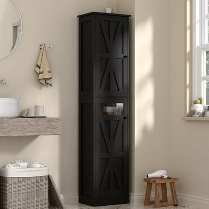 Tall Bathroom Cabinet, Slim Bathroom Storage Cabinet with Adjustable Shelves and 2 Doors, Narrow Floor Storage Cabinet for Bathrooms, Kitchen, Living Room, Black