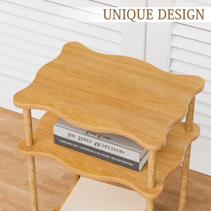 THUMEYE 3-Tier Side Table, 15.7”x11.8”x23” Space-Saving End Table with Solid Wood Legs, Tool-Free Assembly Nightstand for Bedroom Living Room, Burlywood