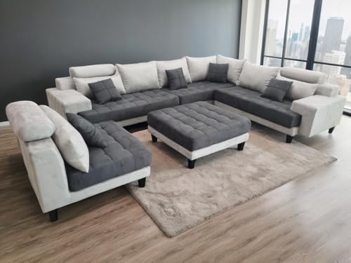 L Shape U Shape Reversible Modern Microfiber Fabric Sectional Couch Sofa Set S150D (2 Tone Grey/Dark Grey)