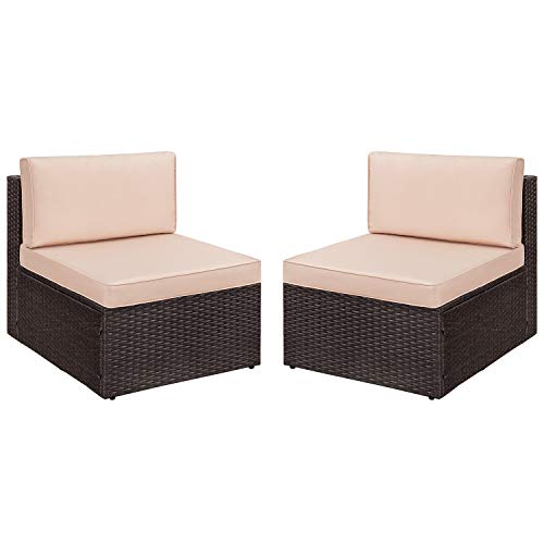 2 Pieces Patio Furniture Sets,Wicker Outdoor Sofa with Thick Cushion and Pillow,Small Sectional Couch All-Weather Armless Sofa for Backyard,Porch & Poolside,Waterproof Patio Furniture