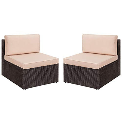 2 Pieces Patio Furniture Sets,Wicker Outdoor Sofa with Thick Cushion and Pillow,Small Sectional Couch All-Weather Armless Sofa for Backyard,Porch & Poolside,Waterproof Patio Furniture