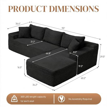 95" L Shaped Cloud Boneless Sectional Couches for Living Room, Modern Comfy Modular Deep Seat Memory Foam Compressed Corduroy Sofa Oversized Right Facing Chaise, No Assembly Required, Balck