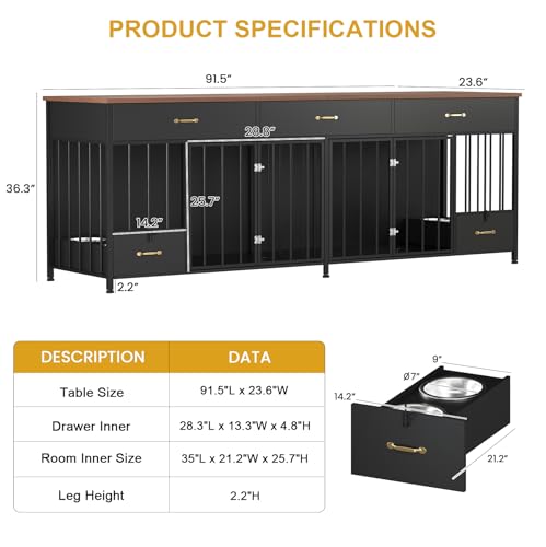 91.5" L Large Dog Crate Furniture with Feeder & 3 Drawers, view 4